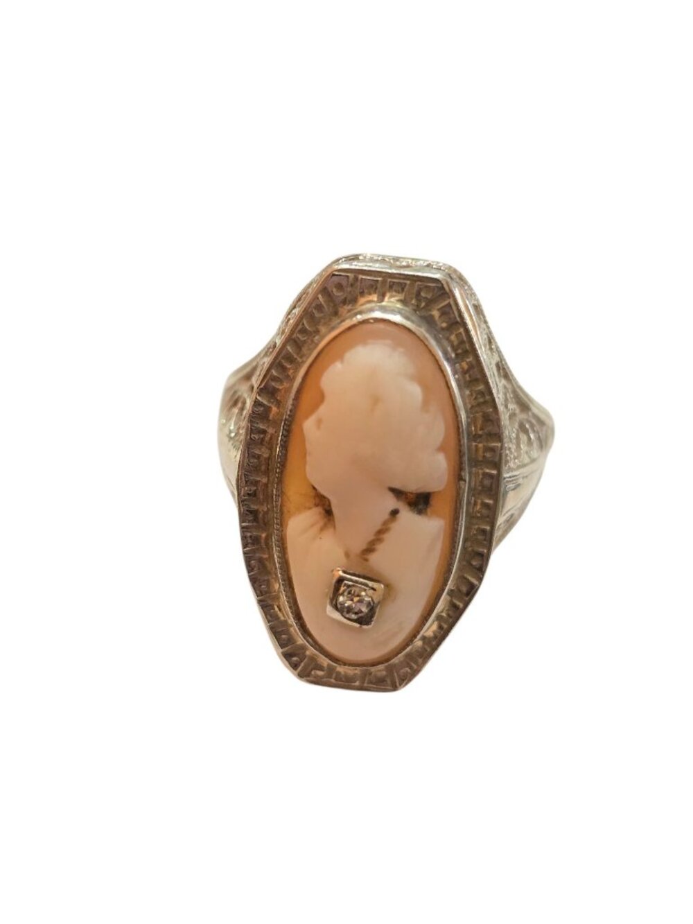 Antique Stunning 14kt Gold Filigree Cameo Ring with Diamond Size 7.5 (A7735)